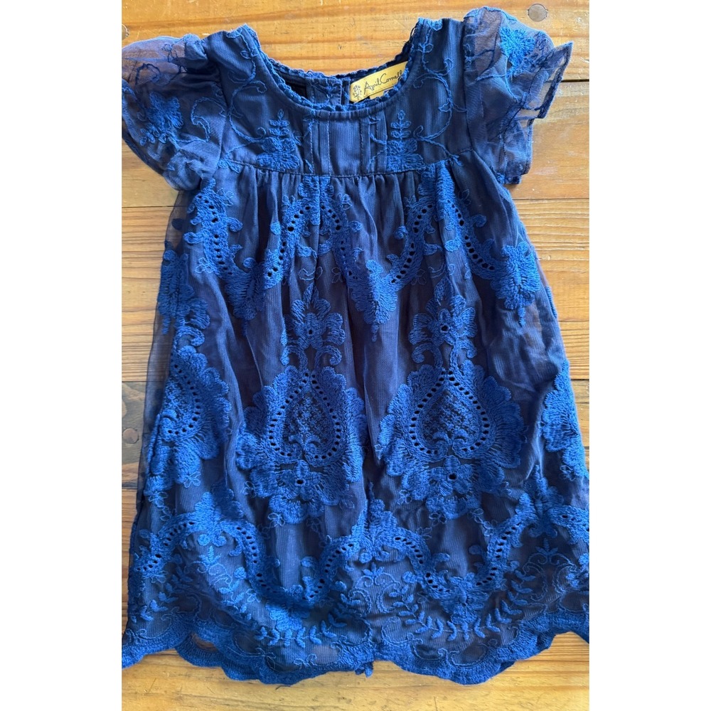 April Cornell Girls Navy Blue Embroidered Mesh Scalloped Dress 9/18M